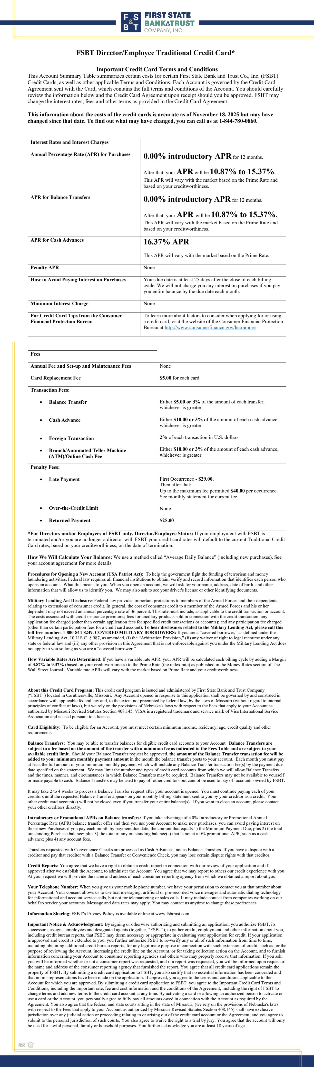 FSBT Director/Employee Traditional Credit Card Terms and Conditions